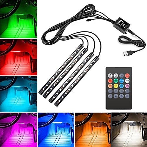 Car LED Strip Light, Suelight 4pcs Auto Interior Music LED Strip Lighting Kit, Wireless Remote Control and Smart USB Port (8 colors,48LED)