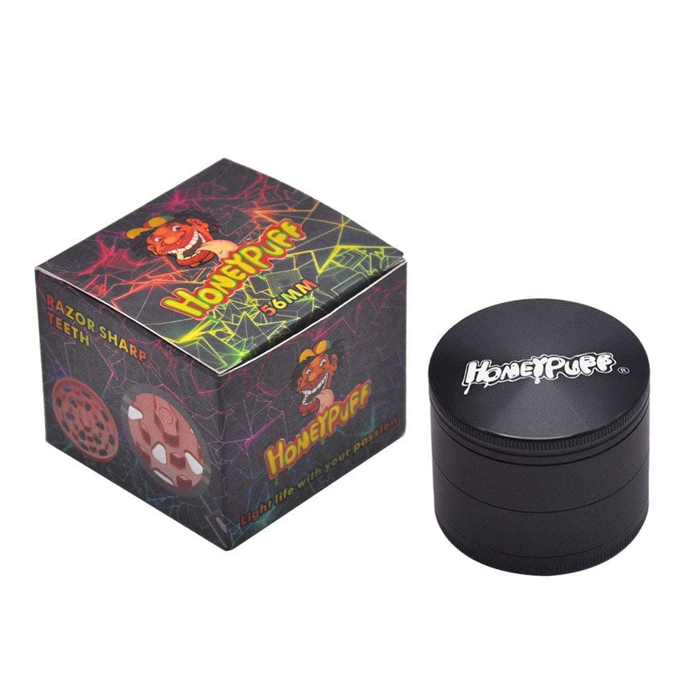HONEYPUFF Classic Style Herb Grinder 4 Piece Sharp Diamond Teeth Aluminum Grinder Accessories (56MM, Black)