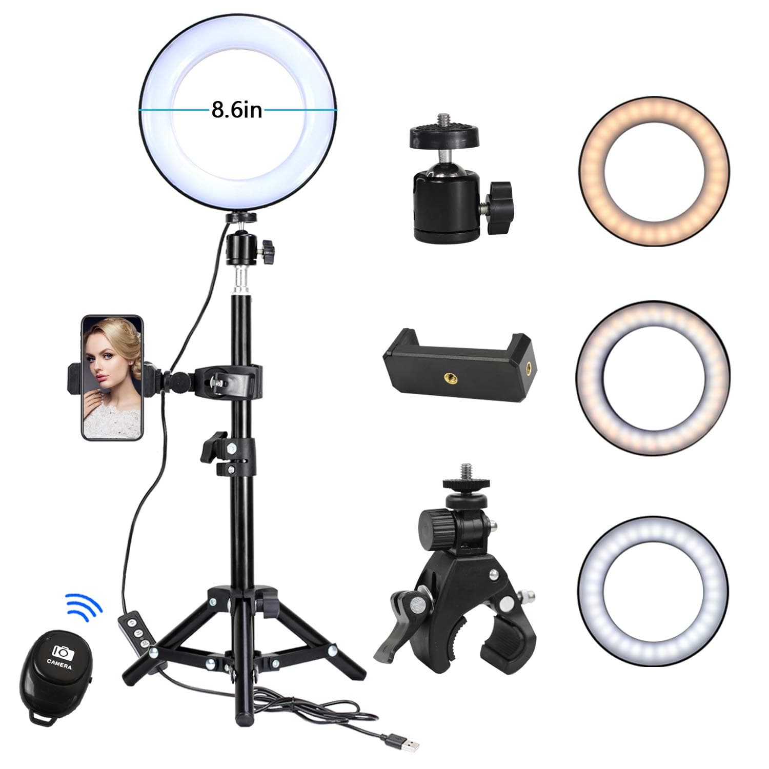 KTELE 8.6" Selfie Ring Light with Tripod Stand for YouTube Video and Makeup with Cell Phone Holder Desktop LED Lamp with 3 Light Modes & 11 Brightness Level ,Remote