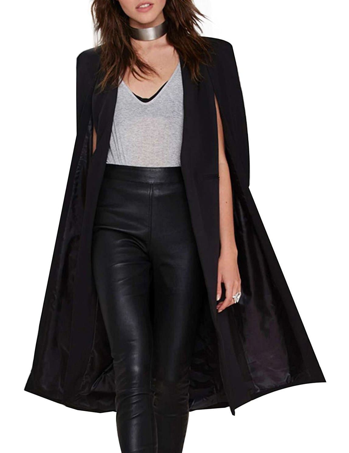 HAOYIHUI Women Casual Solid Longline Cape Open Front Split Trench Coat Blazer