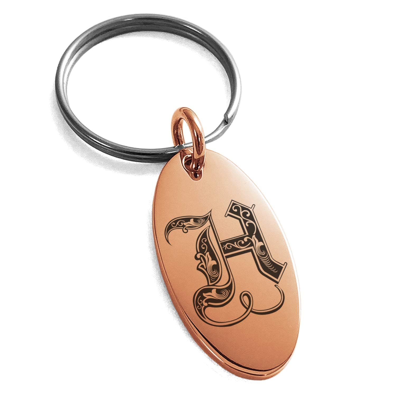 Tioneer Stainless Steel Letter H Initial Royal Monogram Engraved Small Oval Charm Keychain Keyring