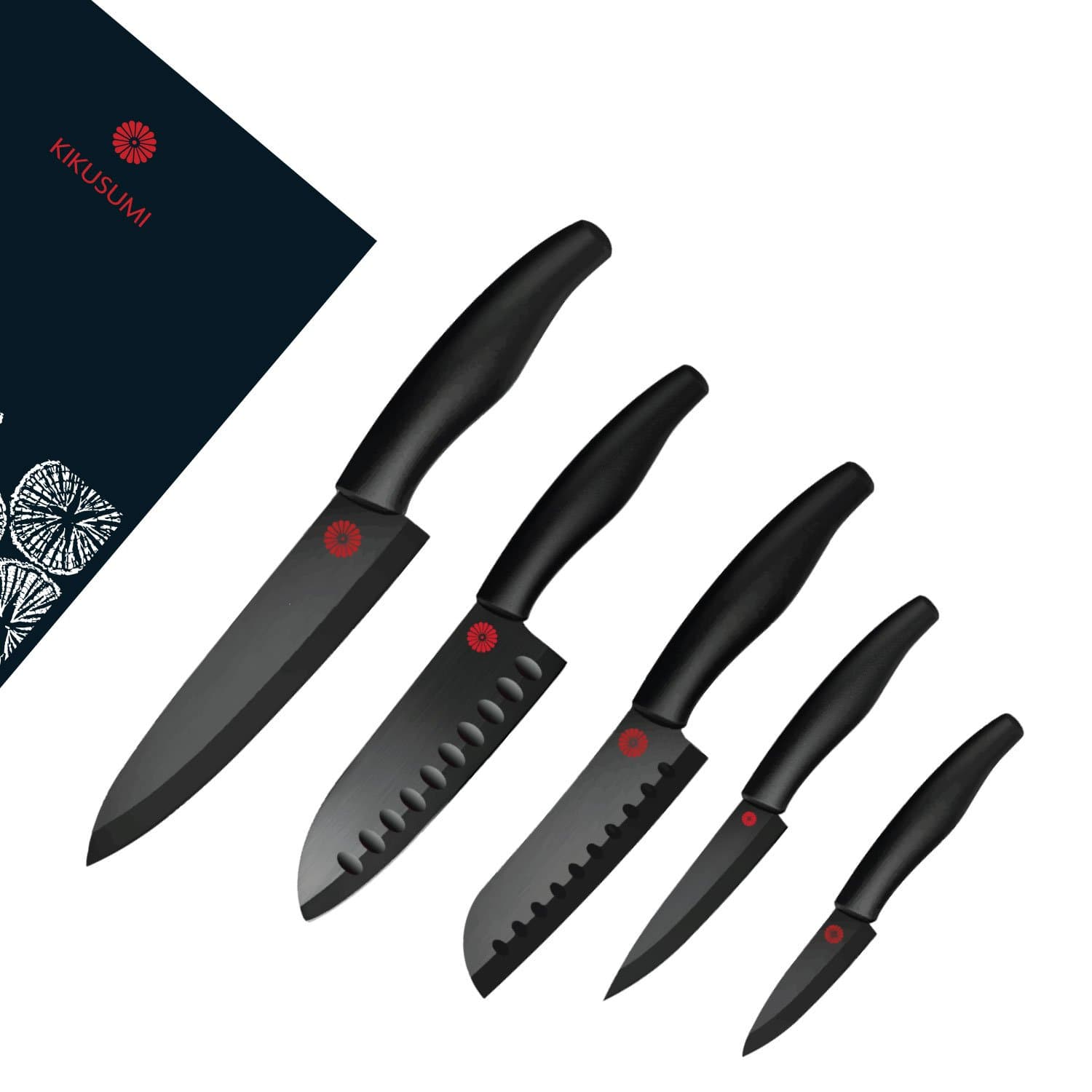 Kikusumi 5-Piece Chef Knife Gift Set Bundle-SUMI Black Handle + Black Ceramic Blade - 7 inch Chef Knife + 5.5 inch Santoku + 5 inch mini Santoku + 4 inch Paring + 3 inch Paring + 5 Sheath (Black)