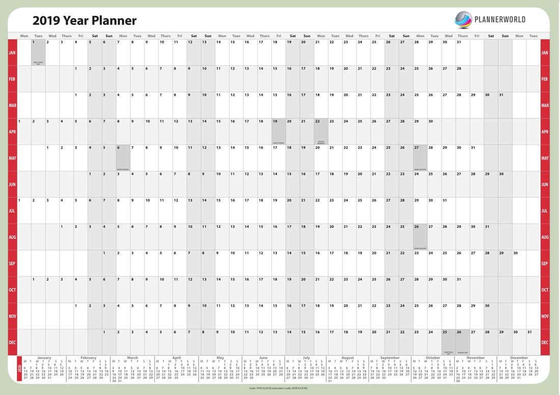 2019 Small Modern Yearly Wall Planner, Laminated, Good Quality A2 Size 1st Class Post, Rolled, (A2 RED Rolled)