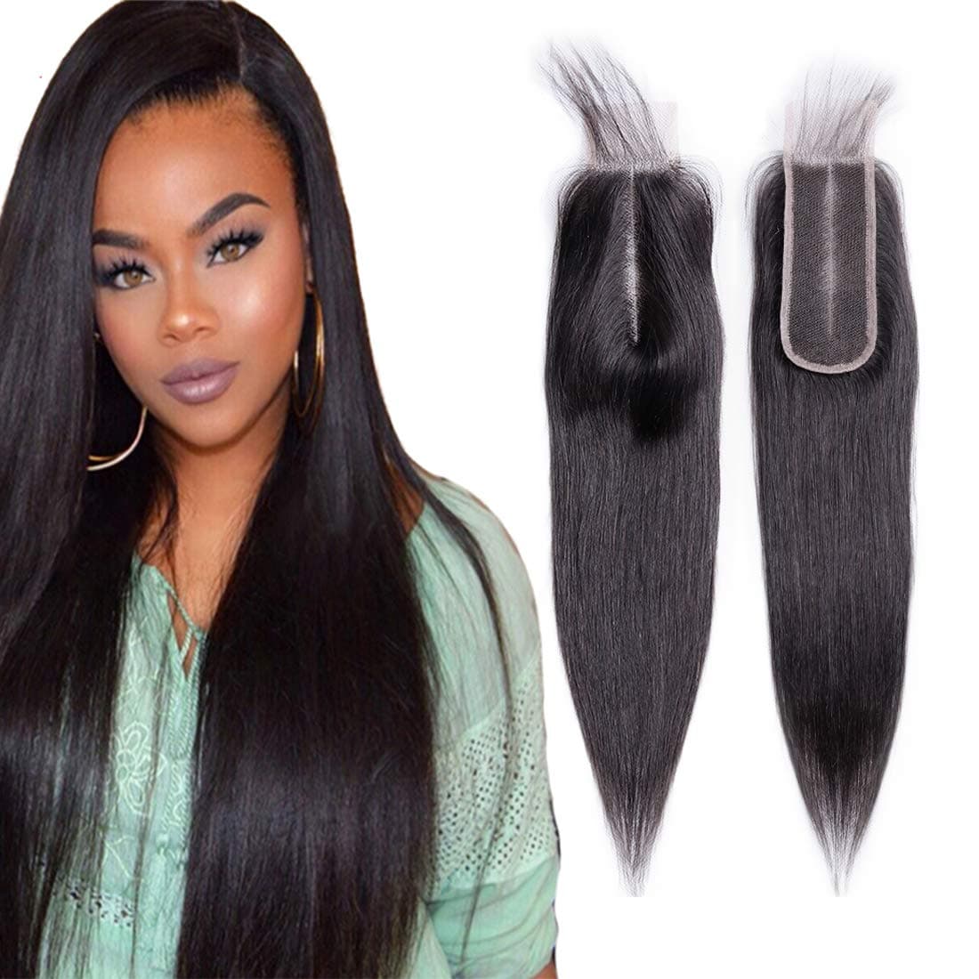 Peruvian Human Hair Closure Straight Lace Closure 6x2 Single Bleached Knots Silky Straight Deep Middle Part Remi Straight Human Hair For Black Women 16 Inch