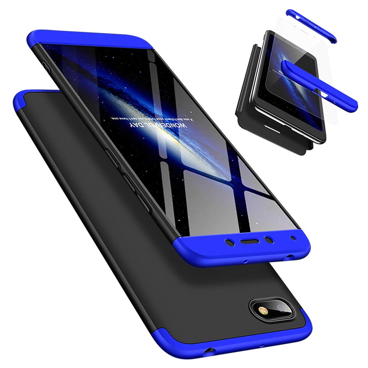 Xiaomi Redmi 6A Case, Laixin 360° Full Body PC Protective Skin Cover with Tempered Glass Screen Protector Film Anti-fingerprint Shockproof Plastic Hard Phone Shell (Blue & Black)