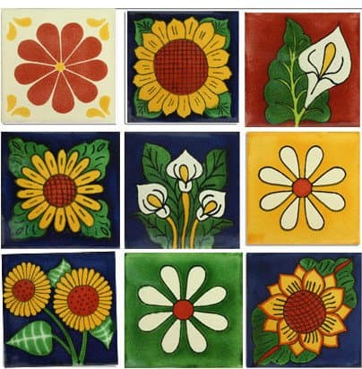 Flowers Mexican Tile Design Collection, 9 Tiles Set