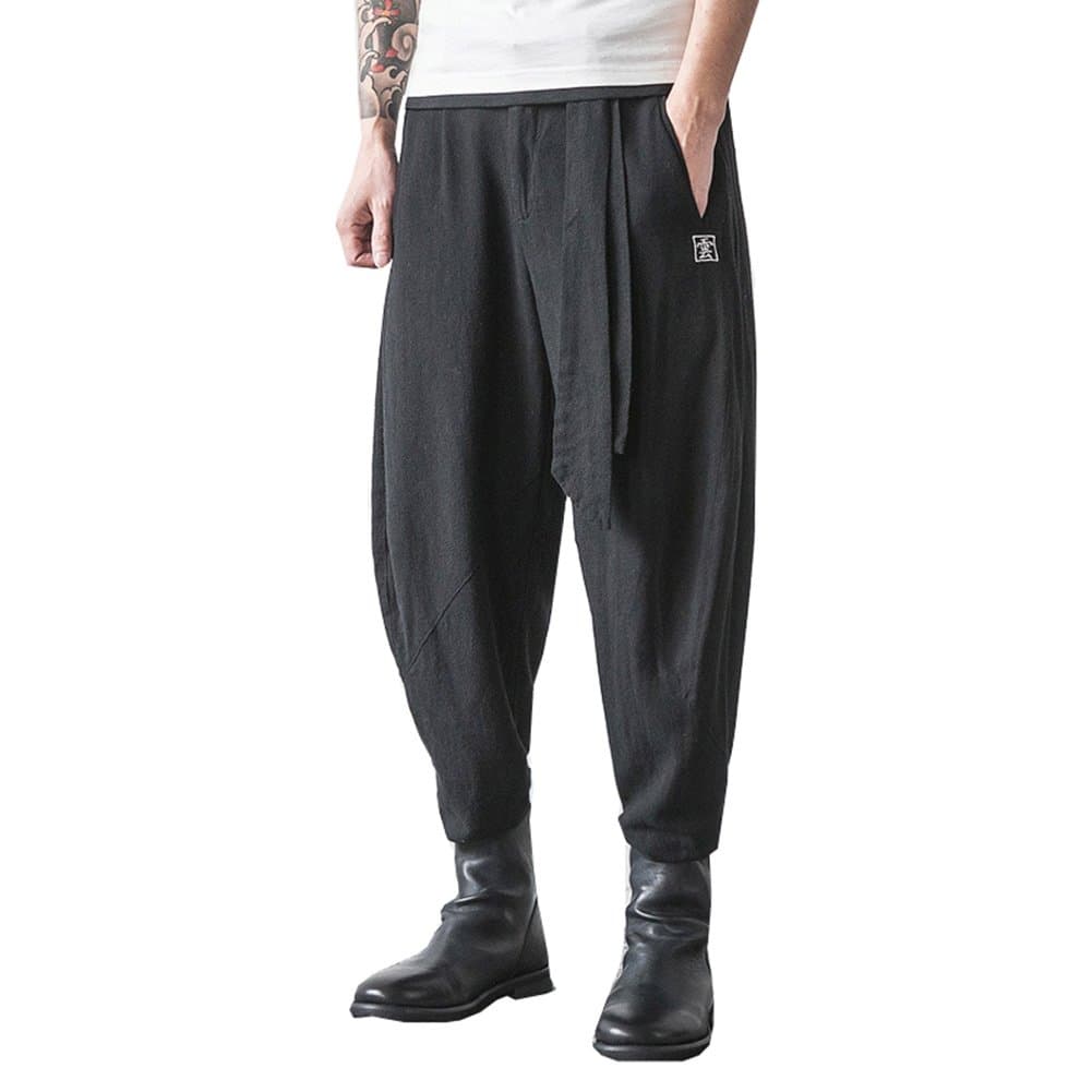 Men Trousers Japanese Samurai Style Boho Casual Low Drop Crotch Loose Fit Harem Baggy Hakama Capri Linen Pants Trousers