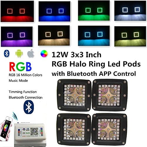 IOV LIGHT 12W 3x3 Inch Spot Led Work Lights RGB Halo Ring Flashing Modes and Colors Changing Bluetooth App Control Timing Music Mode RGB Halo Ring Led Pods for Tuck ATV SUV RGB Headight(Pack of 4)