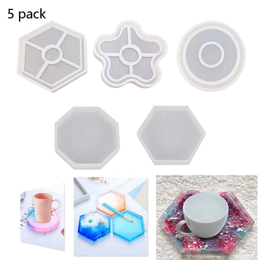 5 Pack DIY Coaster Silicone Mold Resin Coaster Molds Silicone with 5 Different Shapes for DIY Coaster Craft Making,Concrete,Cement