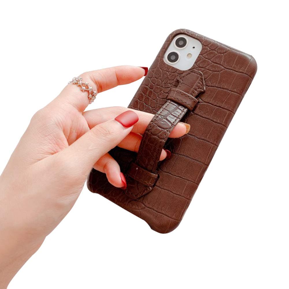 QYAYQ Case Leather Texture for iPhone 11/11 Pro/11 Pro Max with Finger Strap Scratch-Resistant Shockproof Slim Kickstand Phone Case,Brown,11 PRO