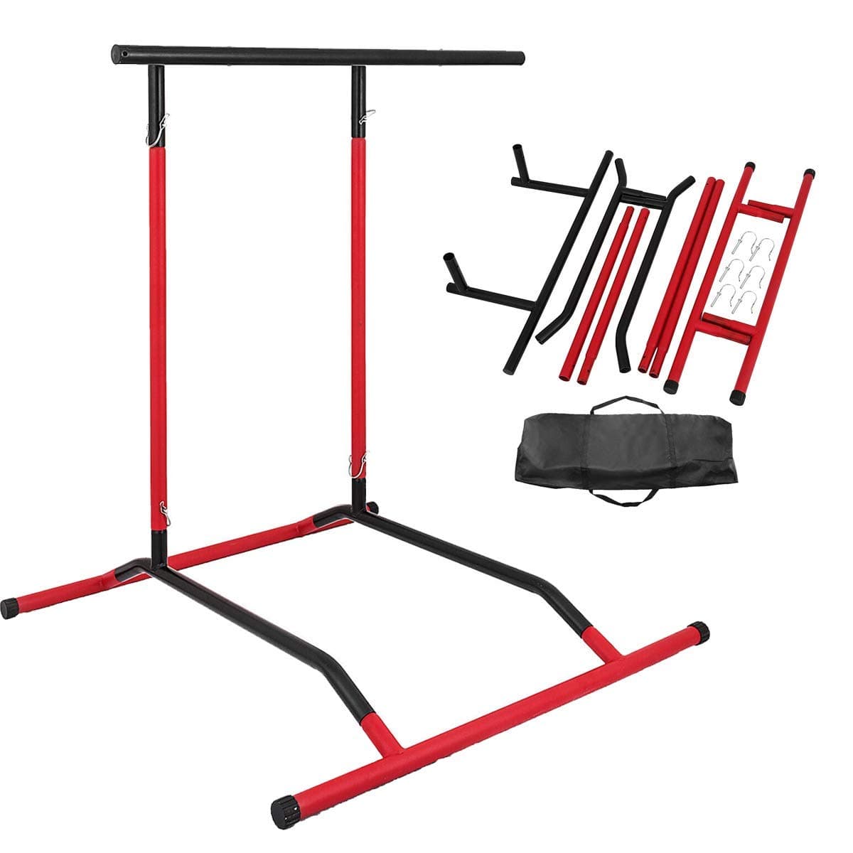 Power Tower Pull up Dip Bar Station Stand with Bag Black Red Durable Sturdy Heavy Duty Portable Foldable Safe 220 pound Capacity for Home Gym Workout Fitness Exercise Building Muscle Indoor Outdoor