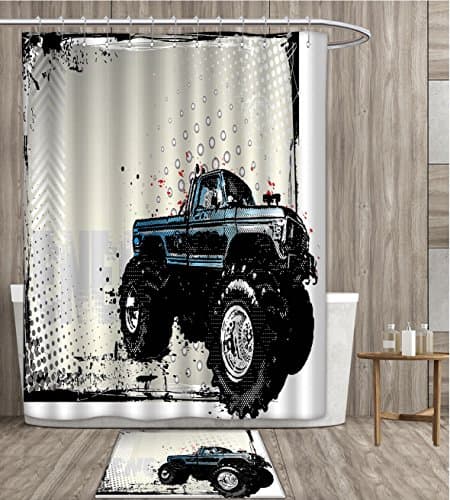 Truck shower curtain polyester fabric art Halftone Pattern Background with Color Splashed Frame and Monster Truck Motif Bathroom Decor Set with Hook 60x72 inch Ivory Blue Black gift bath rug