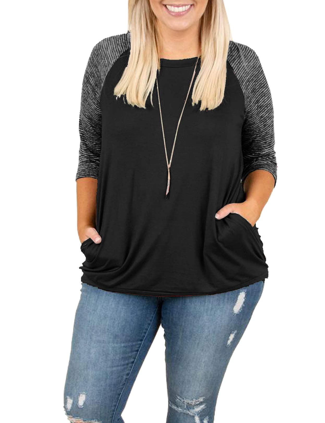 Womens Tops Plus Size Raglan Shirt 3/4 Sleeve Short Sleeve Striped Crew Neck Tshirt Tunic with Pockets