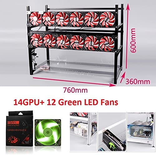 Open Air Mining Rig Stackable Frame 14 GPU Case With 12 LED Fans For ETH Z Cash (Black+Green LED Fans)