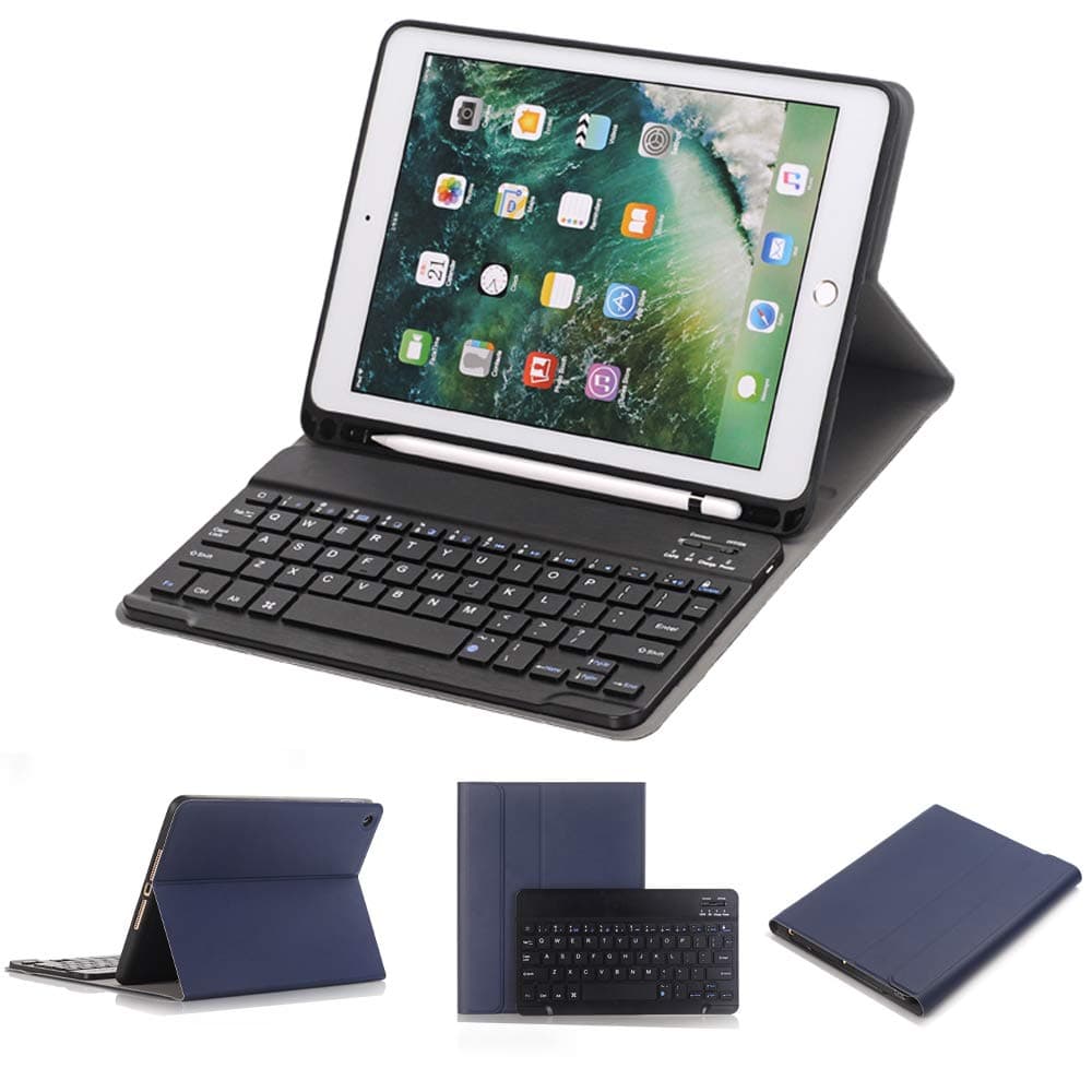 iPad 9.7 inch 2018&2017 Keyboard Case, Slim Folio Cover Removable Detachable Wireless Bluetooth Keyboard with Apple Pencil Holder for iPad Air/Air 2/ iPad 6th / 5th Gen (Blue)