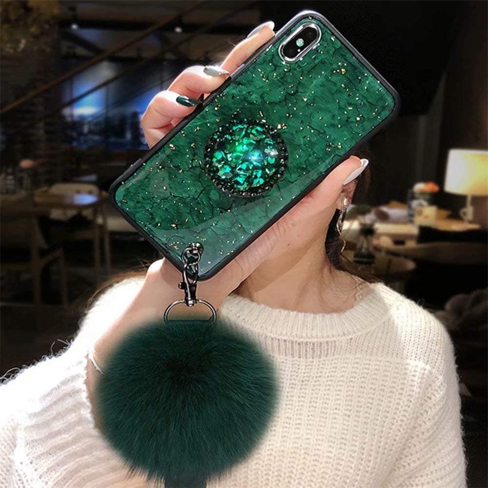 Case for Galaxy Note 10 Plus,Fashion Rhinestone Diamond Holder Marble Stripe with Rabbit Fur Hairball Retro TPU Case for Samsung Galaxy Note 10 Plus(A Green)