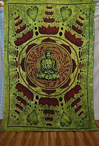 Meditation Buddha Tapestry Large Table Runner Wall Art Bedspread Art, Home Decor Wall Hanging, Table Cloth Home Décor Bed Spread, Cotton Bohemian Tapestry, Hippie Tapestr (green)