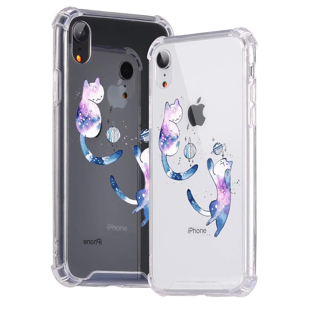 idocolors Clear Phone Case for iPhone XR Shockproof Hard Plastic Back + TPU Soft Bumper with Air Cushion Protective Cute Cat Cover Slim Kawaii Cartoon Animal Phonecase