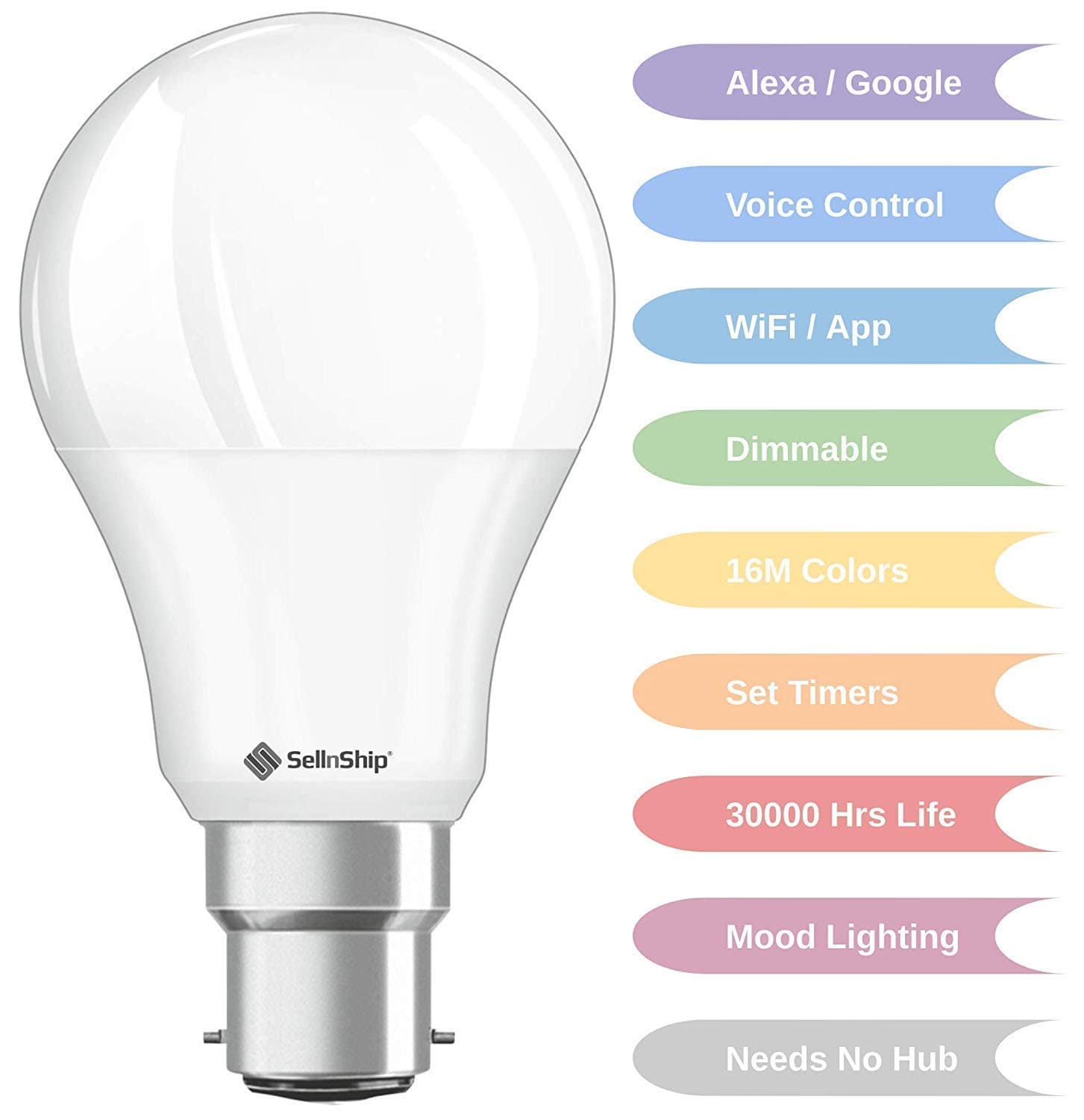 SellnShip 7 Watt Smart LED Bulb Compatible with Amazon Alexa WiFi Google Assistant, Warm White + RGB Multicolor, B22 Socket