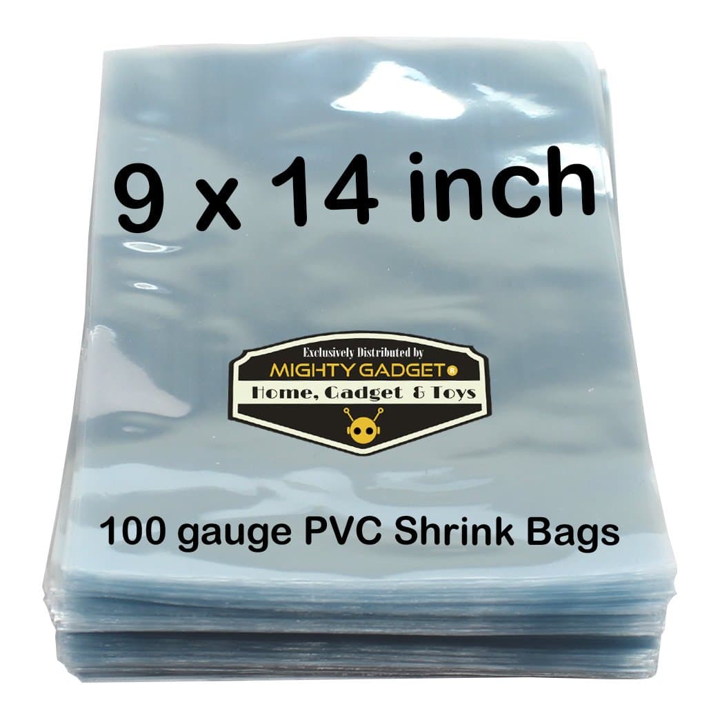 100 pcs Quality 9 x 14 inch PVC Shrink Wrap Bags for Books, Soaps, Bath Bombs, Bottles, Crafts & DIY Products by Mighty Gadget (R) - 100 gauge
