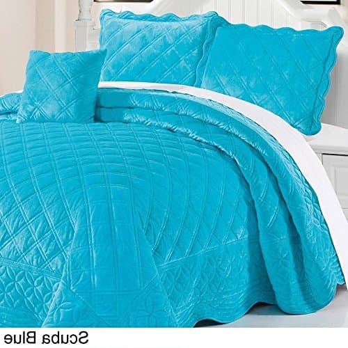 4pc 120 x 120 Microplush Bright Blue Quilted Bedspread Floor King Set, Extra Long Geometric Bedding Xtra Wide, Super Soft Polyester, Hangs Over Edge Bed Frame, Drops Down Side
