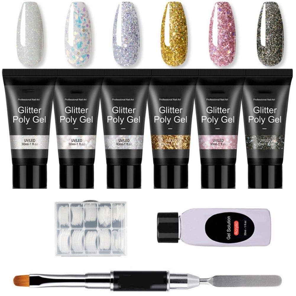 Novobey Professional Glitter Poly Nail Gel Kit, Include 6 Colors Nail Extension Poly Nail Gel, 30ml Slip Solution, Dual Nail Brush, 100Pcs Model Nail Tips (A7)