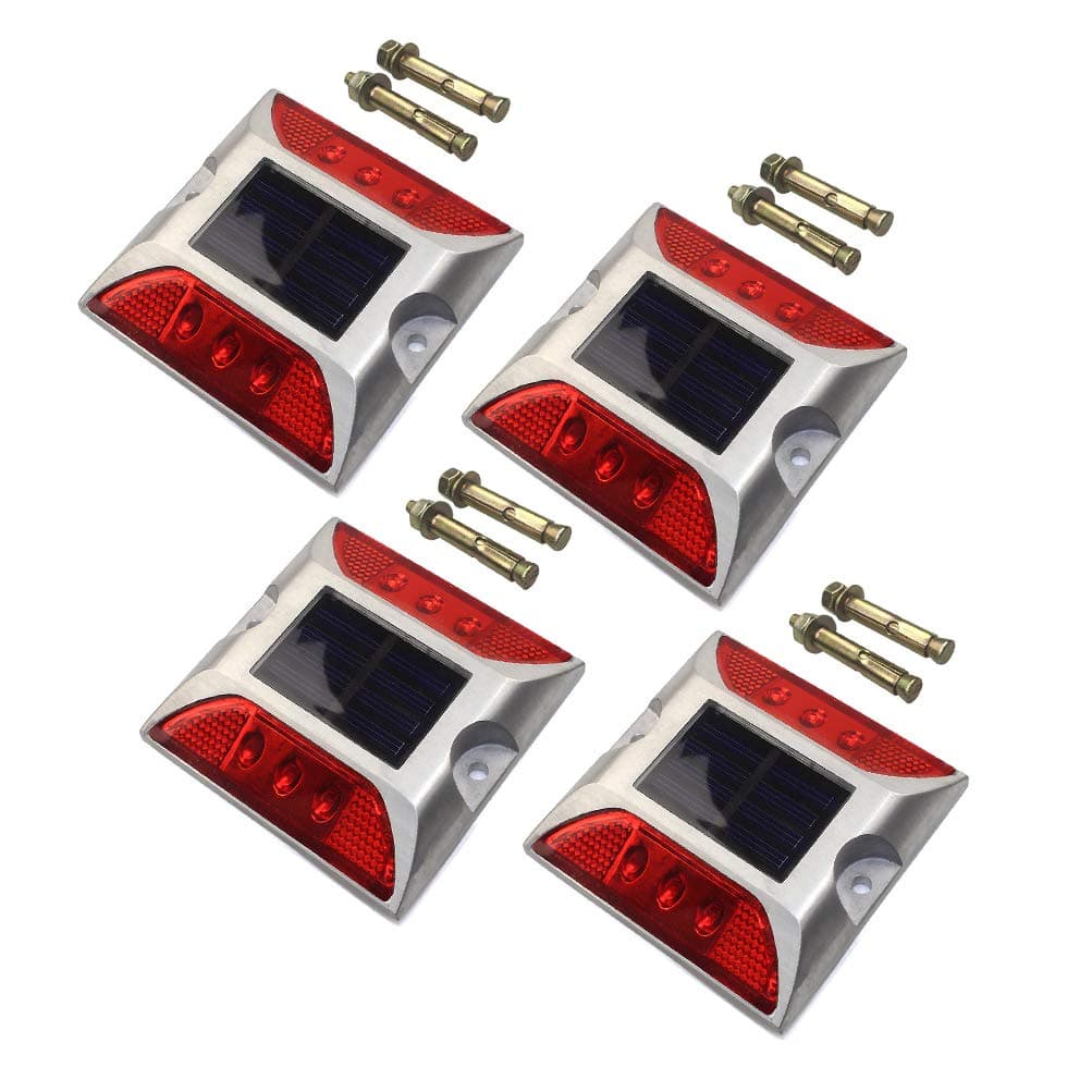 Casting Aluminum 6 LED Road Stud Light Outdoor Solar Powered Dock Pathway Road Marker Stud Lamp Weatherproof Highway Warning Traffic Security Light(4Pack,Red)