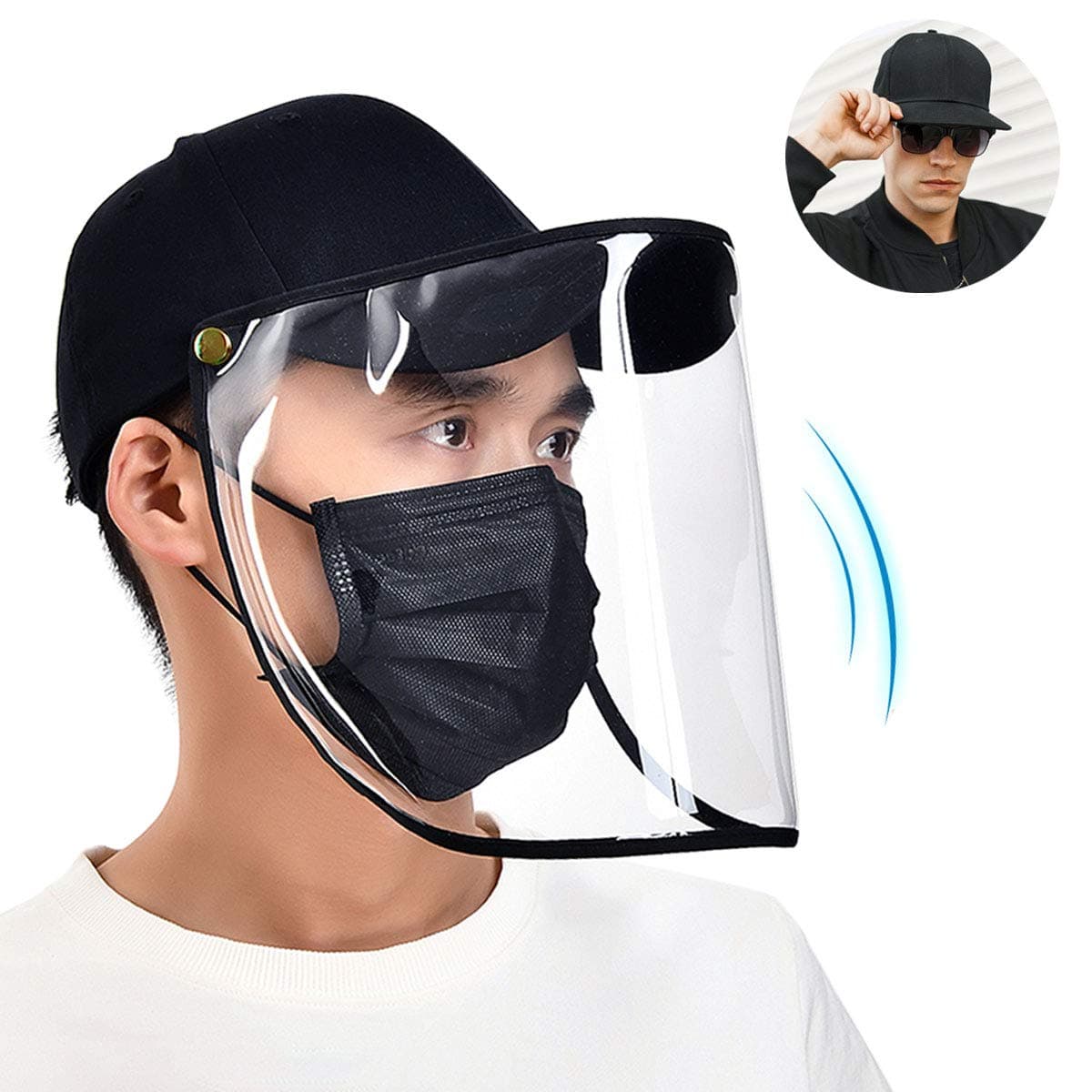 Baseball Cap With Face Protection - Full Face Protective Hat, Unisex Cap with Removable Visor Shield Dustproof for Man/Women/Kids 2020 Newest (Adult-black)