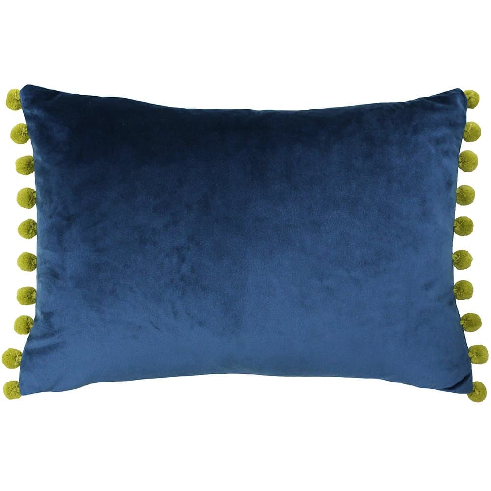 Riva Paoletti Fiesta Rectangular Feather Filled Cushion Blue Yellow Pompom Edges-Faux Velvet Fabric-Discreet Zip Closure-100 Case (14" x 20" inches), Polyester, Indigo/Olive, 35 x 50cm