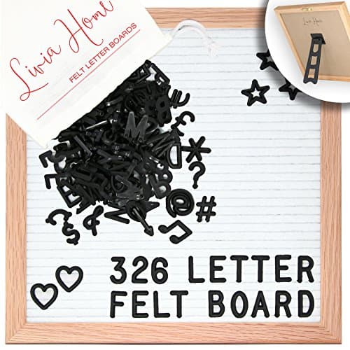 Letter Board with Stand – White Felt Sign with 326 White Plastic Changeable Characters – Wooden 10 x 10 inch Square Solid Oak Frame – With 7x5 inch Canvas Bag - Desktop Display by Livia Home