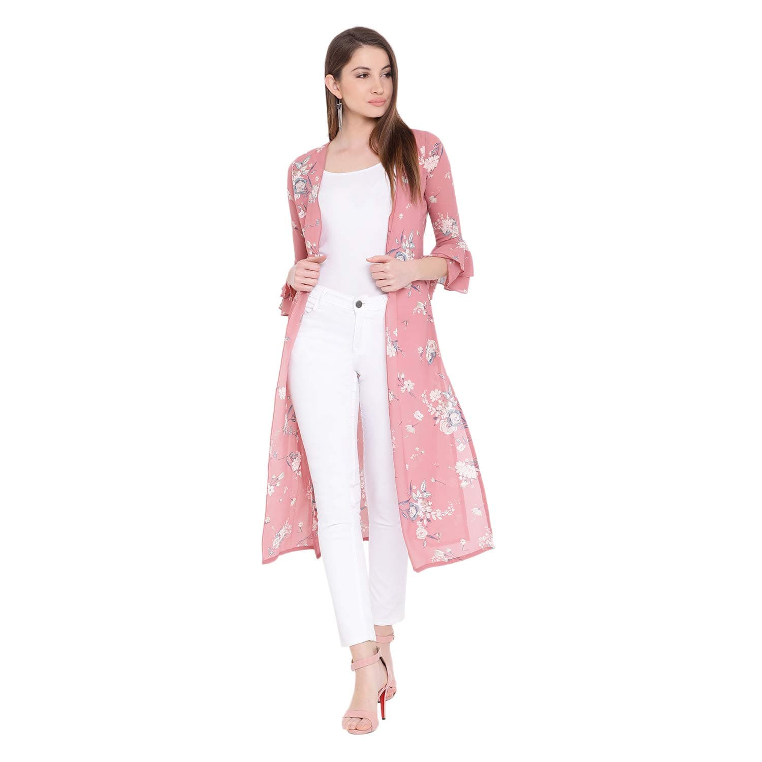 Wisstler Peach Georgette Floral Print Long Shrug