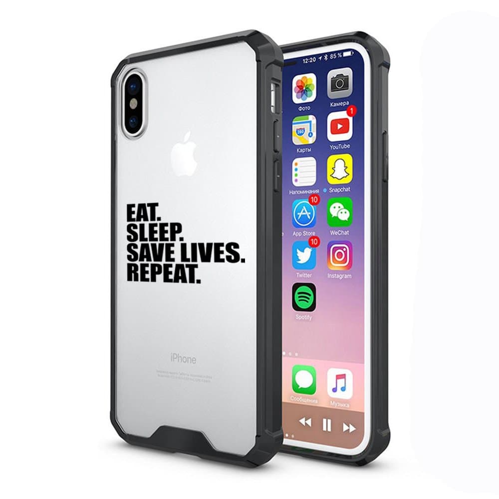 Clear Shockproof Bumper Case Hard Cover F0R Apple iPhone Eat Sleep Save Lives Repeat Nurse Paramedic Doctor EMT Firefighter Police (Black, F0R Apple iPhone XR)