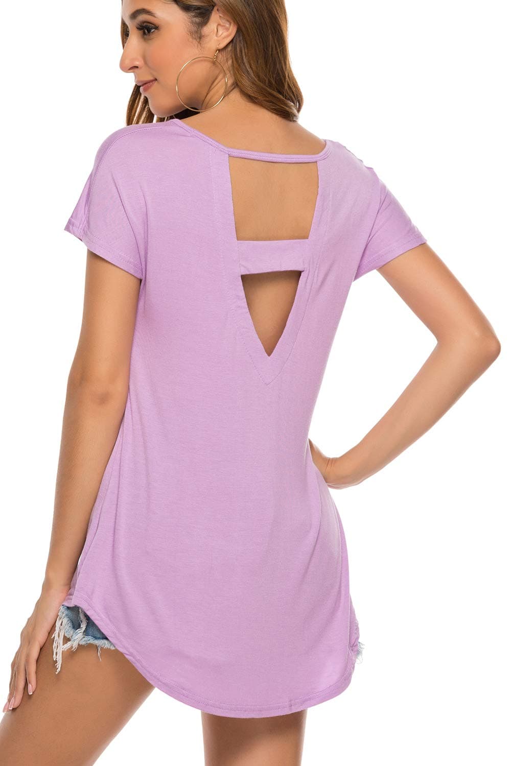 SimpleFun Womens Casual V Cut Out Back Short Sleeve Tee Shirts Soft Active Tops