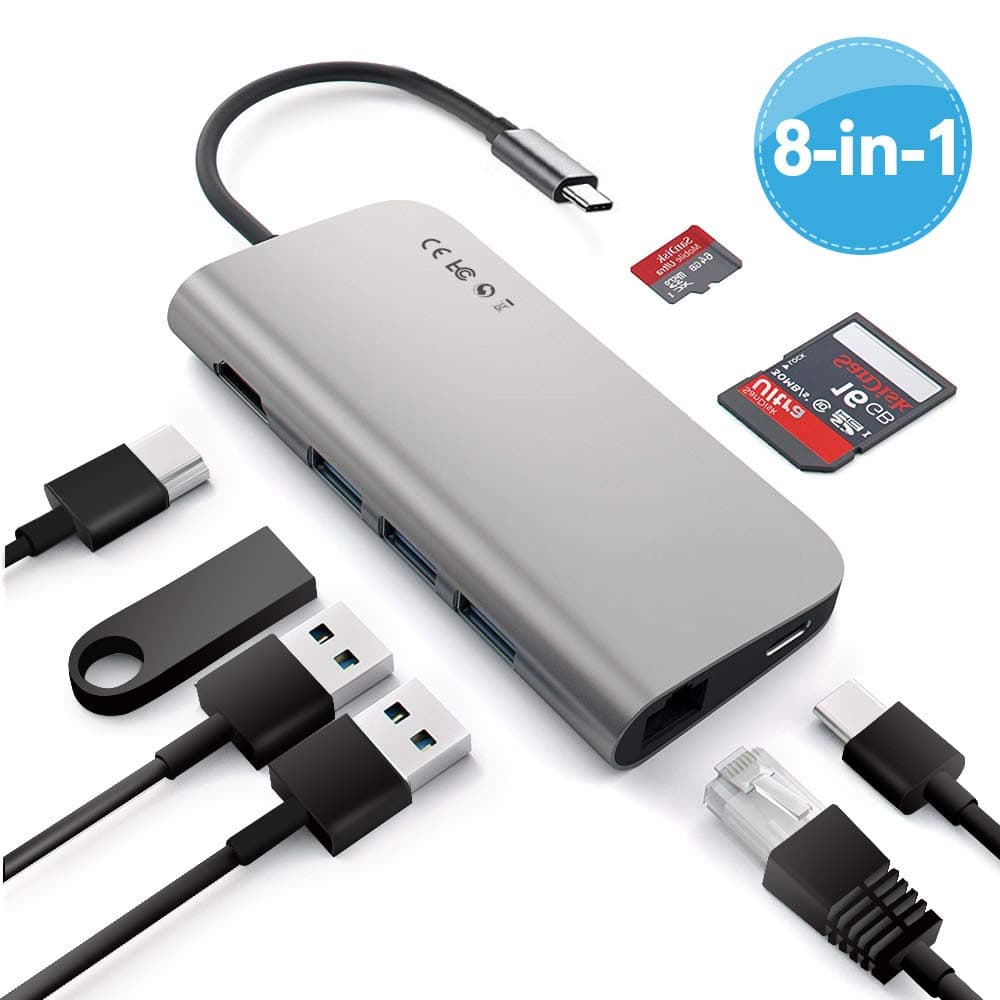 USB C Hub Adaptor, GEEKERA 8-in-1 Type-C Multiport Adapter to Gigabit Ethernet, HDMI Male(4K) Type-C PD Charging Port, SD/Micro Card Reader and 3 USB3.0 Ports for MacBook Pro