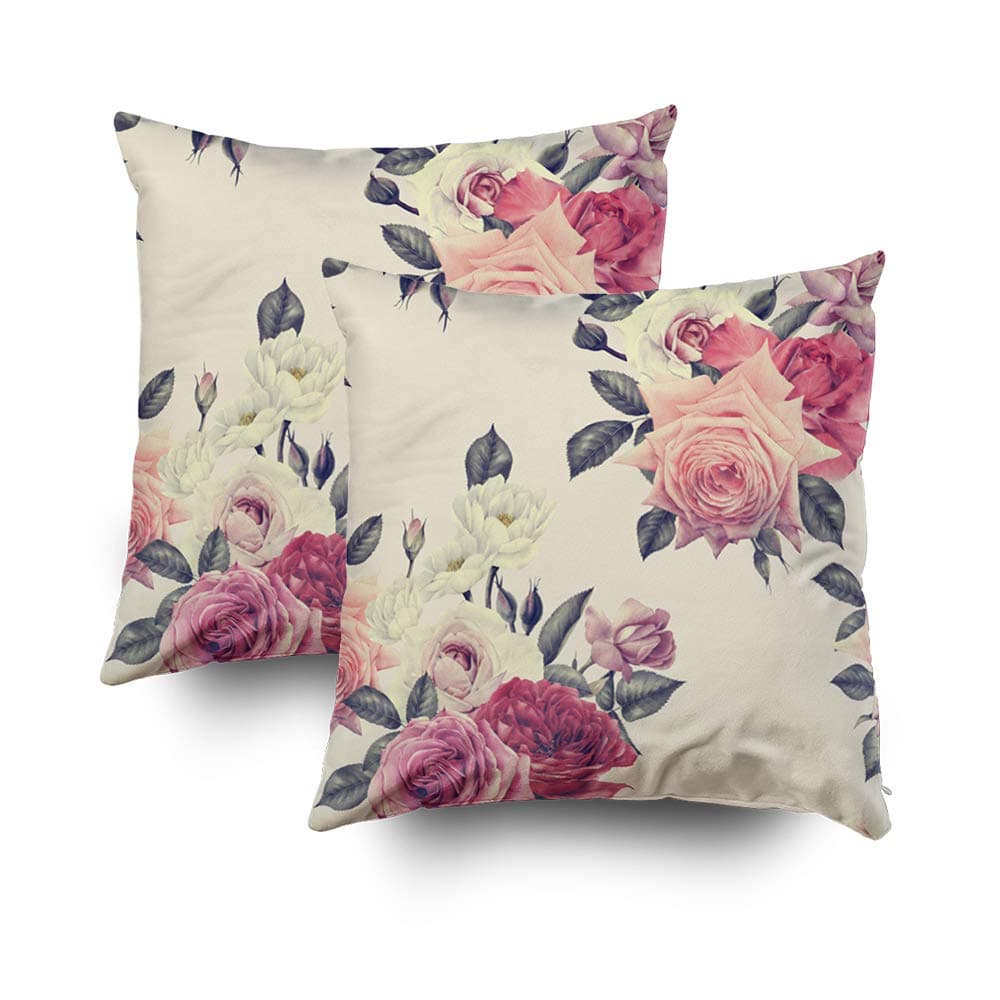 GROOTEY Decritive Pillow Covers, Square Pillowcase with Zip Couch Sofa Décor 16X16Inch 2Ps Throw Cushion Seamless Floral Pattern with Roses Watercolor