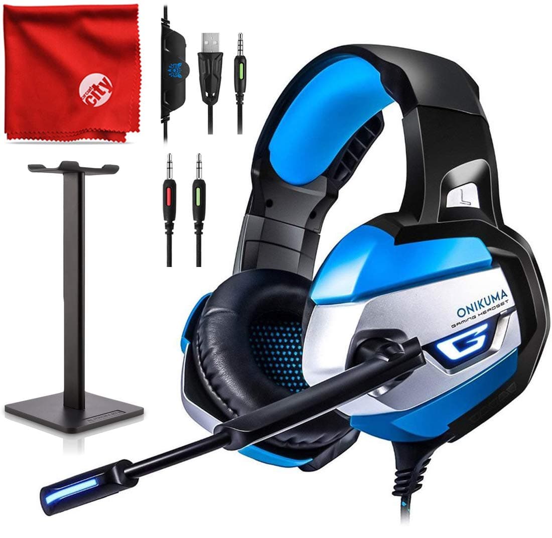 ONIKUMA K5 Blue LED Light Pro Over-Ear 7.1 Surround Sound Noise Cancelling Gaming Headset Microphone Bundle with Headphone Stand for PC, Xbox One, PS4, Nintendo Switch, Mac, Desktop, Laptop, Computer