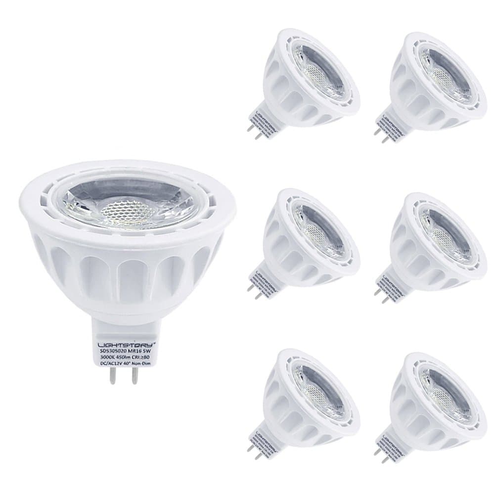 Lightstory MR16 LED Bulbs, 50W Halogen Bulb Equivalent, 12 Volt, 5W 450lm, 3000K Warm White, 40° Beam Angle, MR16 LED Light Bulbs, GU5.3, UL Listed, Non-Dimmable, 6-Pack