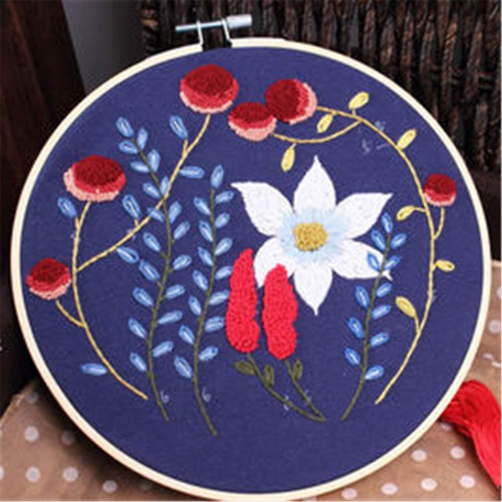 Seehoo Embroidery Starter Kit Set with Pattern and English Instructions, Cross Stitch Kit Include 1 Embroidery Clothes, 1 Plastic Embroidery Hoops, Color Threads and Tools， Style 02