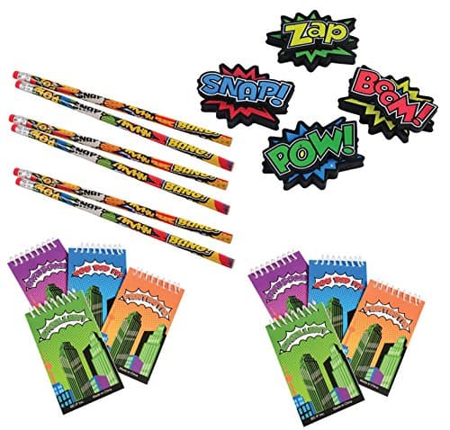 TwiceBooked Superhero Complete Writing Bundle - 12 Super Hero Notebooks, 12 Pencils & 12 Erasers