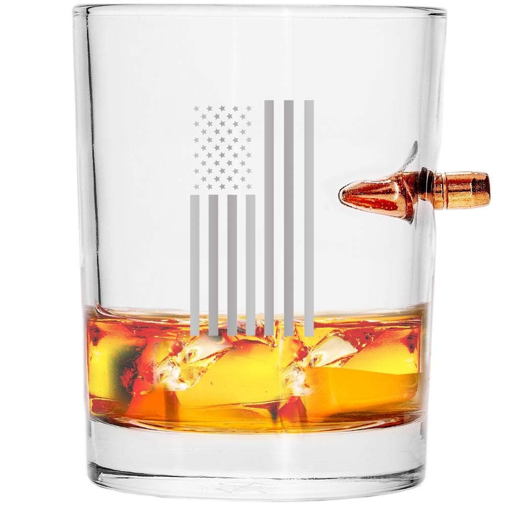 308 CALIBER WHISKEY GLASS | DRAPED USA FLAG | Embedded Copper 10oz Borosilicate Rock Glass from LUCKY SHOT