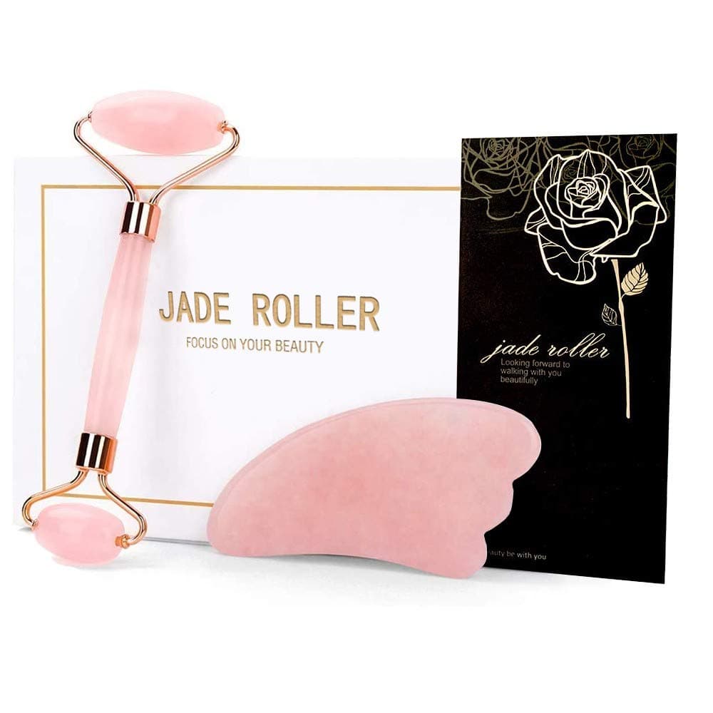 Jade Roller & Gua Sha Tools Set，Beauty Roller Skin Care Tools, 100% Real Natural Jade Roller for Face, Eye, Neck, Body Muscle Relaxing and Relieve Fine Lines and Wrinkles