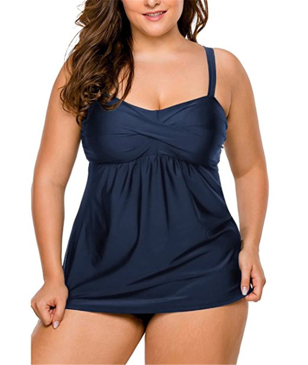 DRAGON VINES Women's Solid Ruched Tankini Top Swimsuit with Triangle Briefs Plus Size XL 2XL 3XL (3XL, Tibetan Blue)