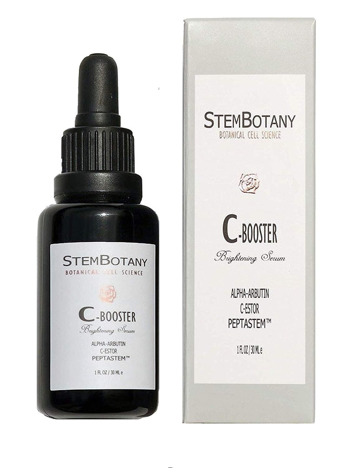 STEMBOTANY Stem Cell Vitamin C-Booster 30% with C+E Ferulic Acid, C-Ester, Hyaluronic Acid, Alpha-Arbutin and Patent Pending PEPTASTEM (Peptide 1,5,7,8 & Orange Stem Cell) with 70% Organic Face Serum