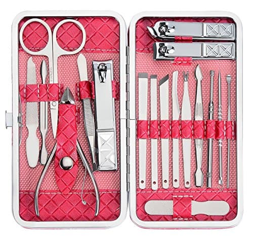 Manicure Set Pedicure Kit Nail Clippers Professional Grooming Tools, Multipurpose Scissor Cutters Knives Tweezer with Luxury Leather Travel Case 18 pieces Utility by Tronsnic (Pink)