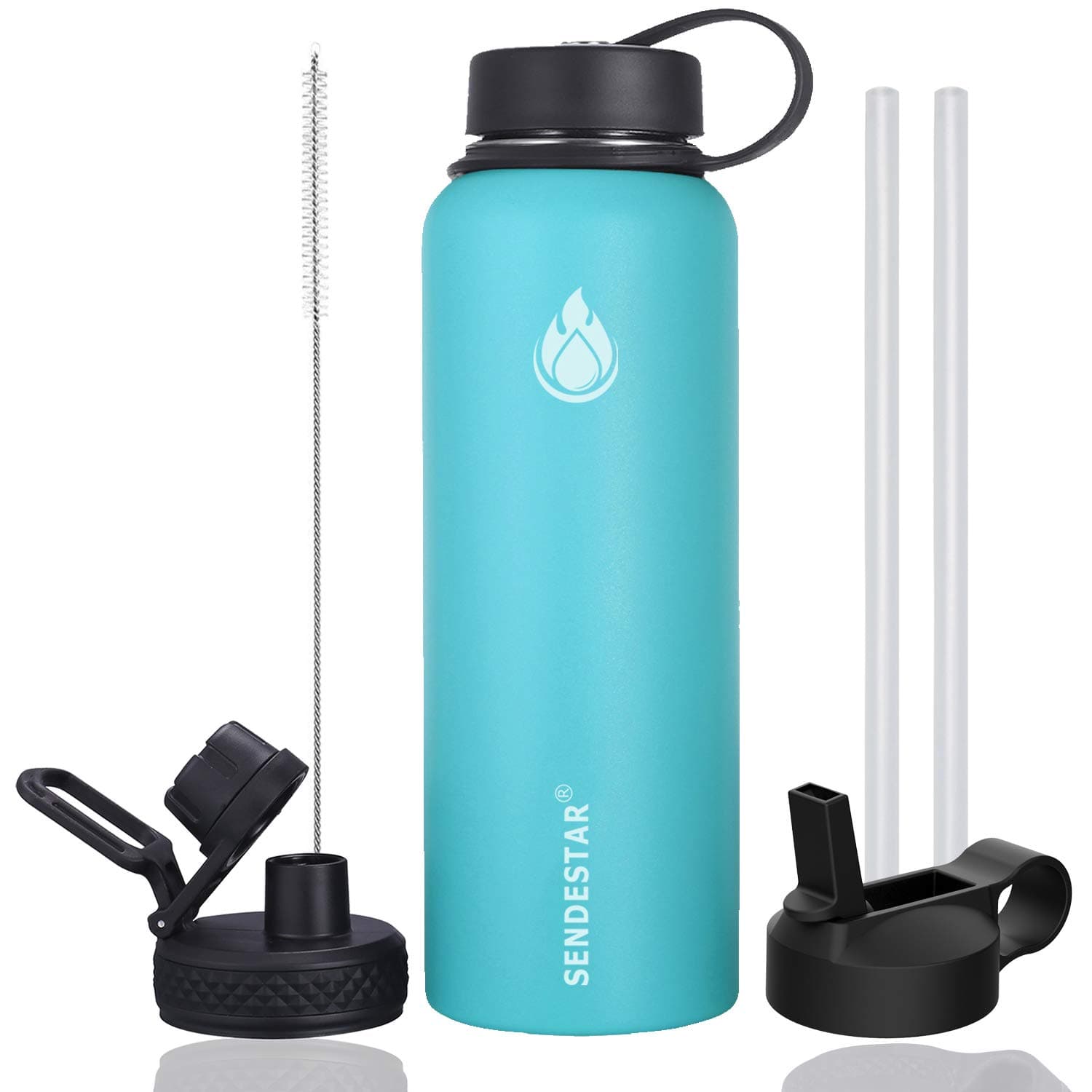 SENDESTAR 32 oz Double Wall Vacuum Insulated Leak Proof Stainless Steel Sports Water Bottle—Wide Mouth with Straw Lid & Flex Cap & Spout Lid (Sky Blue)