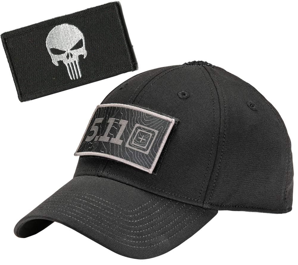 Black 5.11 Hawkeye Fitted Tactical Cap Bundle with Matching Tactical Patch