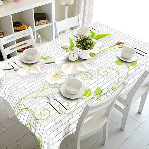 White Polyester Table Cover, Malicosmile Waterproof Spillproof Flower Kitchen Tablecloth Covers 55 x 78 Inch