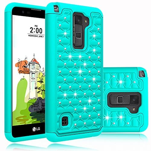 LG Stylo 2 Plus Case, Heng Tech (TM) Hybrid Dual Layer Hard &amp; Soft Studded Rhinestone Crystal Bling Diamond Defender Case for LG G Stylo 2 Plus / LG Stylus 2 Plus (Turquoise)