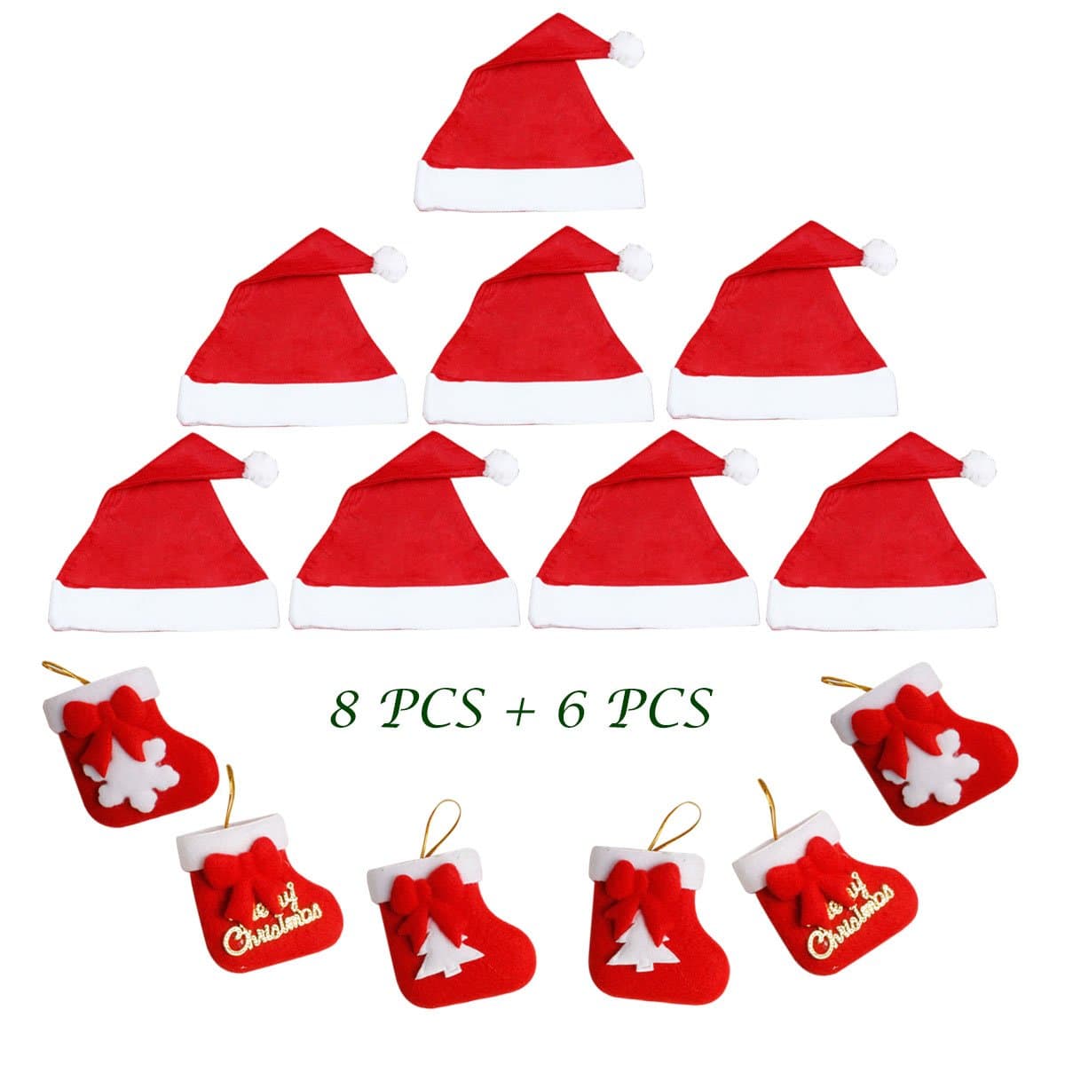 Vegkey 8 Pcs Santa Hat Christmas Hats, 6 Pcs Mini Christmas Socks, Christmas Party Hat Unisex Adult and Christmas tree Decor Mini Christmas Socks Decorations Stocking Bag