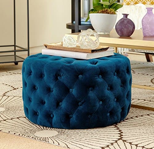 Round Cocktail Ottoman Velvet Fabric Deep Button Tufted Soft Foot Stool Blue